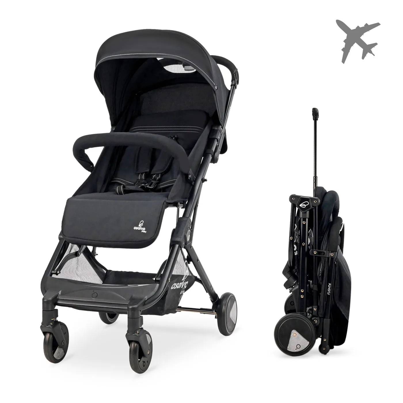 Asalvo Flight travel plus black baby stroller
